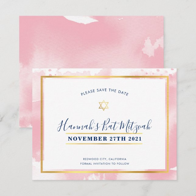 BAT MITZVAH gold pink watercolor save the date Invitation (Front/Back)