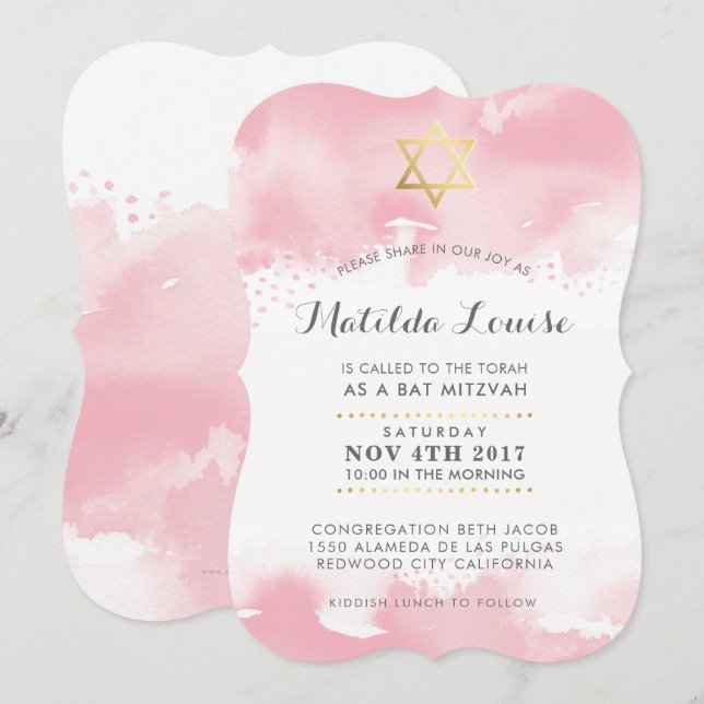 BAT MITZVAH gold pretty pink watercolor invite (Front/Back)