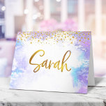 Bat Mitzvah Gold Purple Watercolor Sarah Blank Thank You Card<br><div class="desc">Make sure your favorite Bat Mitzvah shows her appreciation to all who supported her milestone event! Send out this stunning, modern, personalized thank you note. Sparkly faux gold foil handwritten script and tiny glitter dots overlay a light purple watercolor background. Blank inside for your handwritten note. Guaranteed to add a...</div>