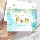 Bat Mitzvah Gold Script Blue Watercolor Thank You Postcard<br><div class="desc">Make sure your favorite Bat Mitzvah shows her appreciation to all who supported her milestone event! Send out this stunning, modern, sparkly gold faux foil handwritten script and tiny dots overlaying a turquoise blue watercolor background, personalized thank you postcard. On the front, personalize with your Bat Mitzvah’s name. Add a...</div>