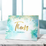 Bat Mitzvah Gold Script on Turquoise Watercolor Thank You Card<br><div class="desc">Make sure your favorite Bat Mitzvah shows her appreciation to all who supported her milestone event! Send out this stunning, modern, sparkly gold faux foil handwritten script and tiny dots overlaying a turquoise blue watercolor background, personalized thank you note. On the front, personalize with your Bat Mitzvah’s name. Add a...</div>
