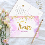 Bat Mitzvah Gold Script Pink Watercolor Thank You  Postcard<br><div class="desc">Make sure your favorite Bat Mitzvah shows her appreciation to all who supported her milestone event! Send out this stunning, modern, sparkly gold faux foil handwritten script and tiny dots overlaying a light pink watercolor background, personalized thank you postcard. On the front, personalize with your Bat Mitzvah’s name. Add a...</div>