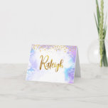 Bat Mitzvah Gold Script Purple Custom Name Raleigh Thank You Card<br><div class="desc">Make sure your favorite Bat Mitzvah shows her appreciation to all who supported her milestone event! Send out this stunning, modern, personalized thank you note. Sparkly faux gold foil handwritten script and tiny glitter dots overlay a light purple watercolor background. Guaranteed to add a stylish touch to her correspondence! Matching...</div>