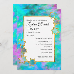 Bat Mitzvah Gold Star Abstract Green Blue Pink Invitation