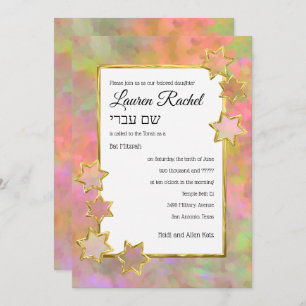 Bat Mitzvah Gold Star Abstract Pink Green Orange Invitation