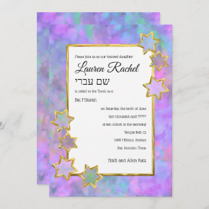 Bat Mitzvah Gold Star Abstract Purple Pink Blue Invitation
