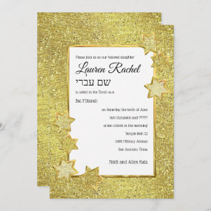 Bat Mitzvah Gold Star Frame on Gold Glitter Invitation