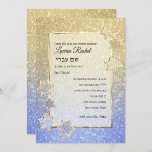 Bat Mitzvah Gold Star Gold Blue Ombre Glitter Invitation