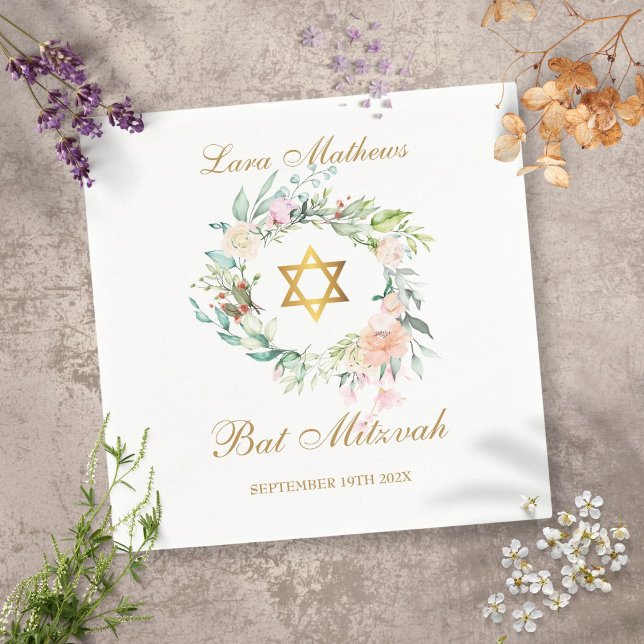 Bat Mitzvah Gold Star of David Floral Napkins (Creator Uploaded)