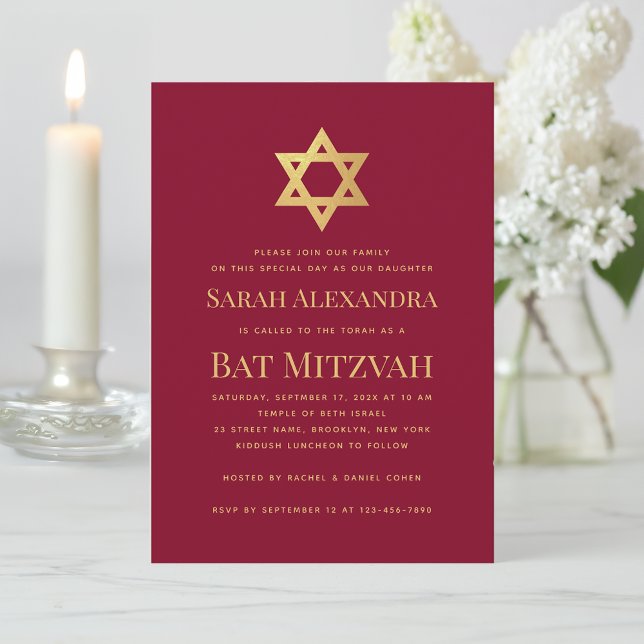 Bat Mitzvah Gold Star of David Simple Burgundy Red Invitation (Creator Uploaded)