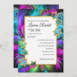 Bat Mitzvah Gold Stars Colorful Pastel Drawing Invitation