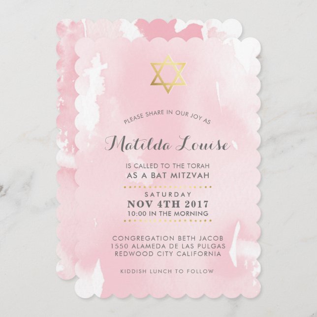 BAT MITZVAH gold stylish pink watercolor invite (Front/Back)