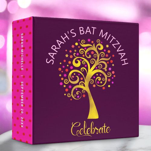 Bat Mitzvah Gold Tree of Life on Burgundy Keepsake 3 Ring Binder