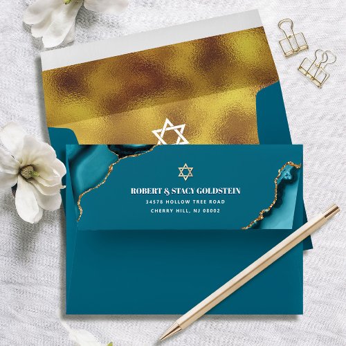 Bat Mitzvah Gold Turquoise Agate Return Address Envelope