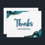 Bat Mitzvah Gold Turquoise Agate Script Thank You Postcard<br><div class="desc">Make sure your favorite Bat Mitzvah shows his appreciation to all who supported her milestone event! Send out this cool, unique, modern, personalized thank you postcard. Turquoise blue handwritten script and bold, sans serif typography overlay a simple, clean white background with turquoise blue agate rocks accented with faux gold veins....</div>