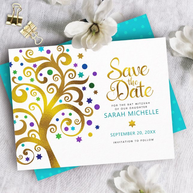 Bat Mitzvah Gold Turquoise and Purple Tree of Life Save The Date (Creator Uploaded)