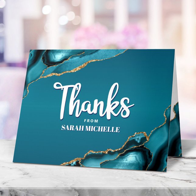 Bat Mitzvah Gold Turquoise Ombre Agate Bold Script Letterpress Thank You Card (Creator Uploaded)