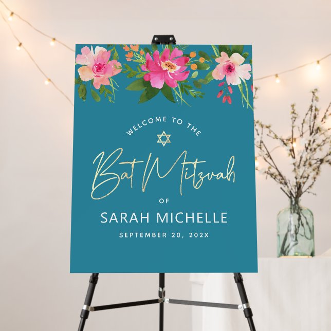 Bat Mitzvah Gold Turquoise Pink Floral Welcome Foam Board (In Situ (Stand))