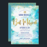 Bat Mitzvah Gold Turquoise Watercolor 2 Venue Chic Invitation<br><div class="desc">Be proud, rejoice and showcase this milestone of your favorite Bat Mitzvah! Send out this stunning, modern, personalized invitation for an event to remember. Sparkly faux gold foil script, glitter dots. Star of David and typography script overlay a turquoise blue watercolor background. Personalize the custom text with your Bat Mitzvah’s...</div>