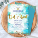 Bat Mitzvah Gold Turquoise Watercolor 2 Venue Chic Invitation<br><div class="desc">Be proud, rejoice and showcase this milestone of your favorite Bat Mitzvah! Send out this stunning, modern, personalized invitation for an event to remember. Sparkly faux gold foil script, glitter dots. Star of David and typography script overlay a turquoise blue watercolor background. Personalize the custom text with your Bat Mitzvah’s...</div>