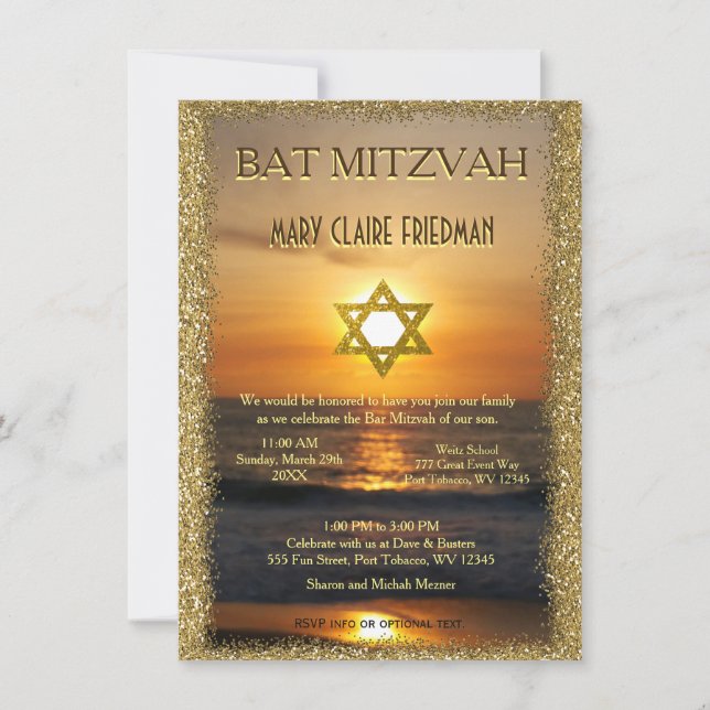 Bat Mitzvah | Golden Sun and Sand Invitation (Front)