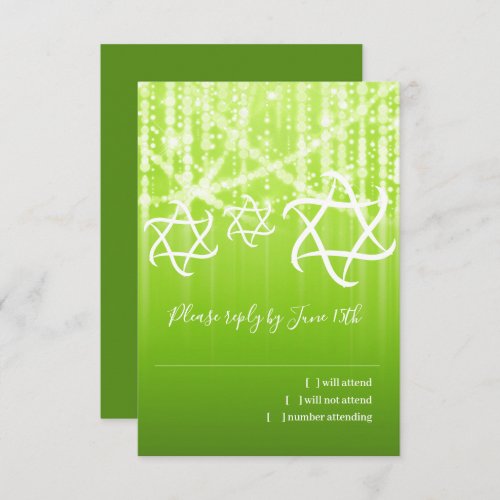 Bat Mitzvah Grass Green White Sparkly Lights RSVP Card