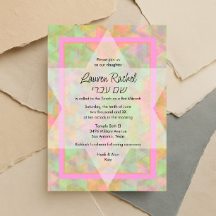 Bat Mitzvah Green and Pink Star of David Pattern Invitation