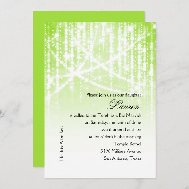 Bat Mitzvah Green and White Sparkly Lights Invitation (Front/Back)