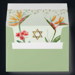 Bat Mitzvah Green Gold Tropical Floral Watercolor Envelope<br><div class="desc">Open up this dusty spring green envelope and you’ll find a surprise, graphic visual of colorful tropical watercolor birds of paradise flowers and a faux gold foil Star of David and tiny glitter dots overlaying a pale, dusty, light spring green background. The outside back flap boasts faux gold glitter dots...</div>