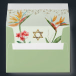 Bat Mitzvah Green Gold Tropical Floral Watercolor Envelope<br><div class="desc">Open up this dusty spring green envelope and you’ll find a surprise, graphic visual of colorful tropical watercolor birds of paradise flowers and a faux gold foil Star of David and tiny glitter dots overlaying a pale, dusty, light spring green background. The outside back flap boasts faux gold glitter dots...</div>