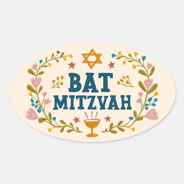 BAT MITZVAH Hand-drawn floral Jewish Customizable  Oval Sticker (Front)