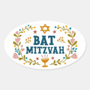 BAT MITZVAH Hand-drawn floral Jewish Customizable Oval Sticker
