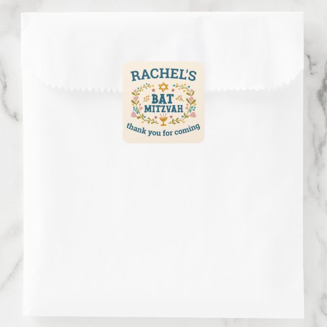 BAT MITZVAH Hand-drawn floral Jewish Customizable  Square Sticker (Bag)