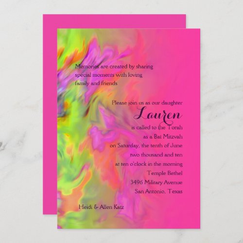 Bat Mitzvah Hot Pink and Green Tie Dye Invitation