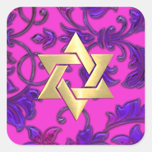 Bat Mitzvah Hot Pink and Purple Damask Square Sticker