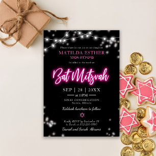 Bat Mitzvah Hot Pink Neon Themed Invitation