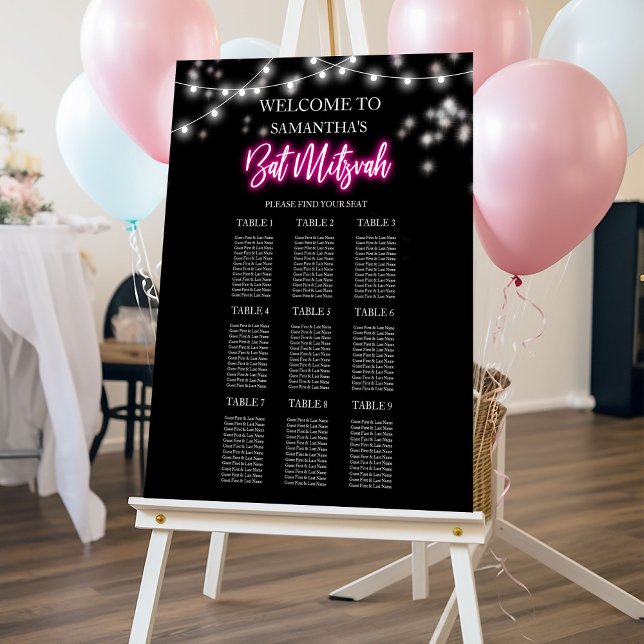 Bat Mitzvah Hot Pink Neon-Themed Seating Chart Foam Board (Creator Uploaded)