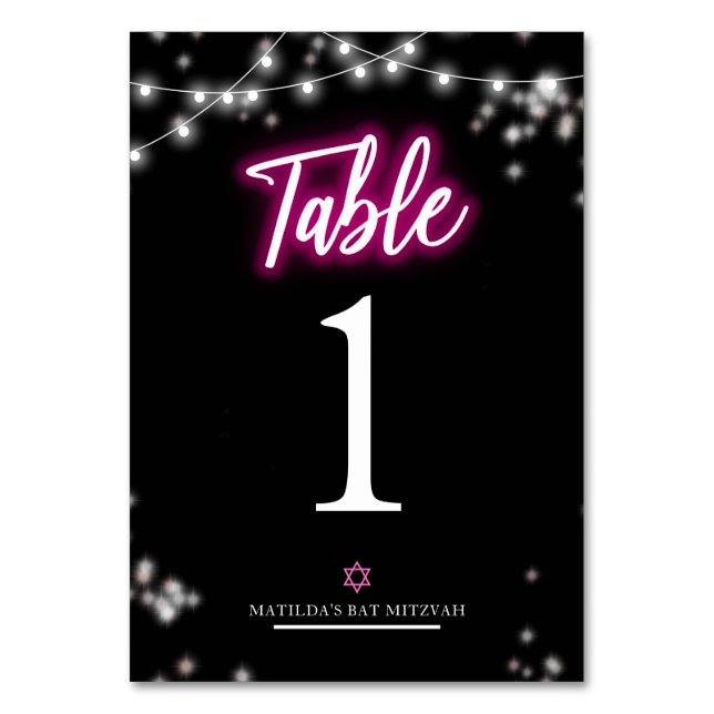 Bat Mitzvah Hot Pink Neon Themed Table Number (Front)
