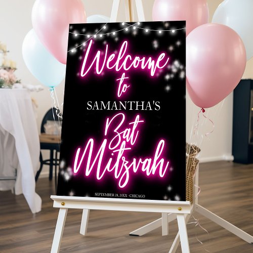 Bat Mitzvah Hot Pink Neon-Themed Welcome Sign