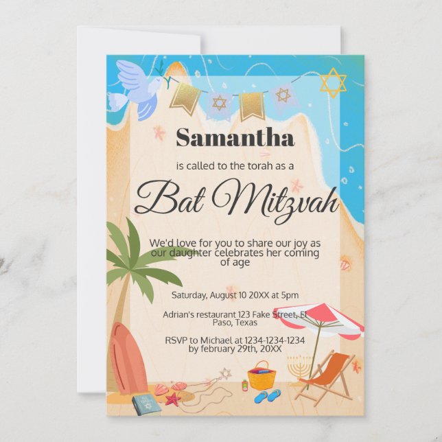 Bat mitzvah invitation: Beach theme, QR Invitation (Front)