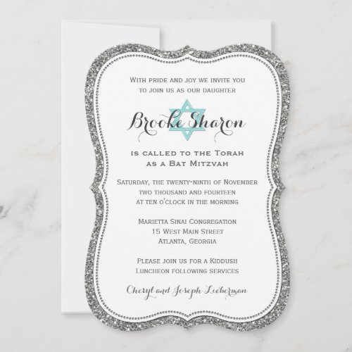 Bat Mitzvah Invitation  FAUX Silver glitter