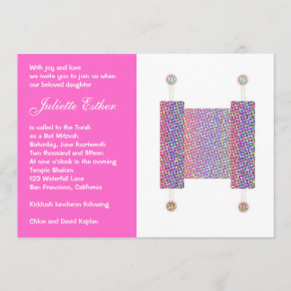 Bat Mitzvah Invitation Festive Torah Scroll Pink
