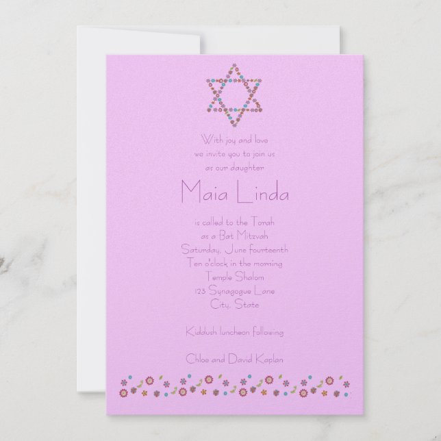 Bat Mitzvah Invitation Flower Star of David Pink (Front)