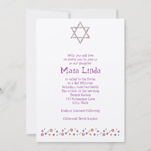 Bat Mitzvah Invitation Flower Star of David Tan (Front)