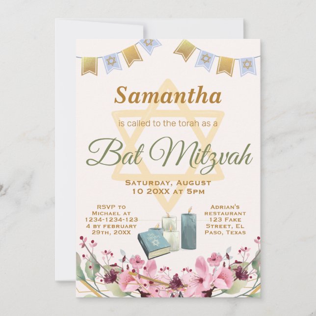 Bat mitzvah invitation: Flowers, torah Invitation (Front)