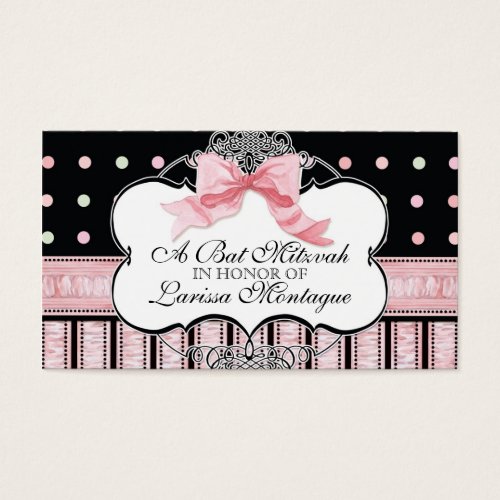 Bat Mitzvah Invitation - French Bow Dot Swirl Business Card Template