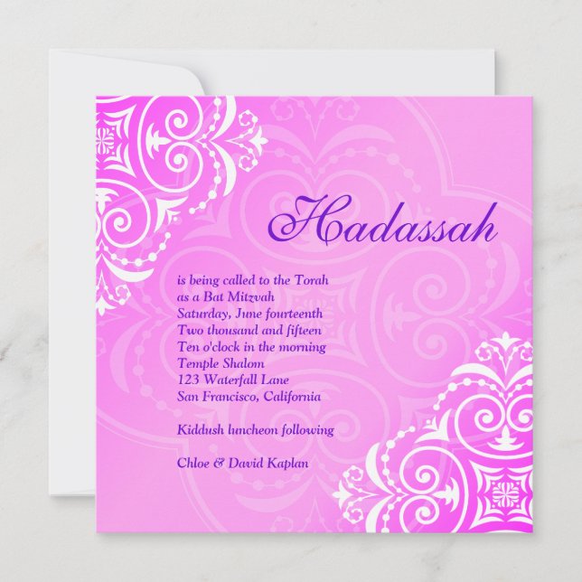 Bat Mitzvah Invitation Hadassah Floral Pink Purple (Front)