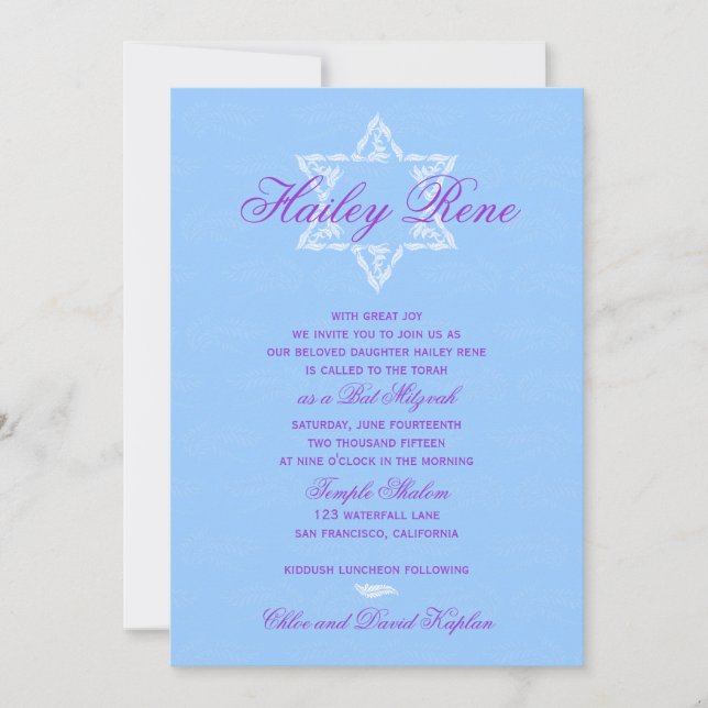 Bat Mitzvah Invitation Hailey with Damask Blue (Front)