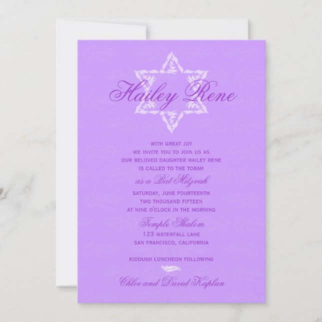 Bat Mitzvah Invitation Hailey with Damask Purple (Front)