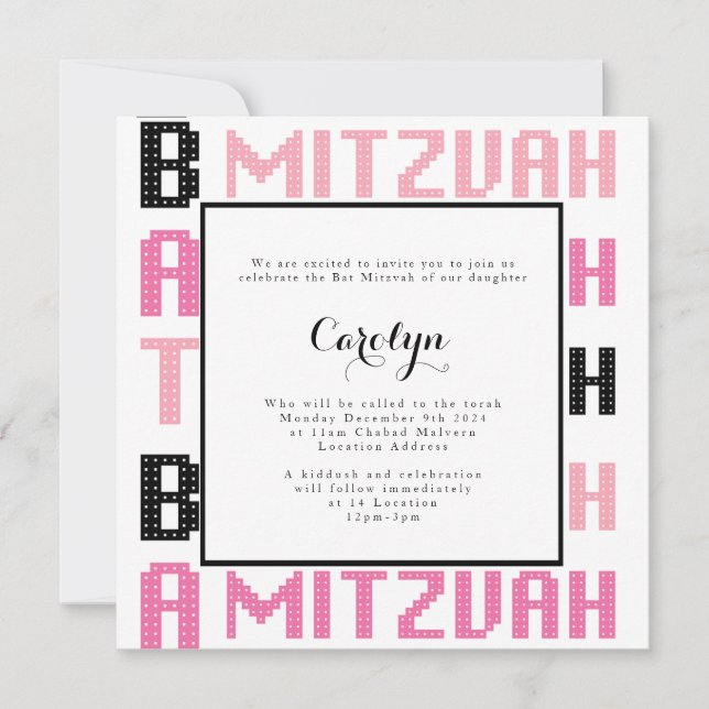 Bat Mitzvah Invitation in Pink and Black theme (Front)